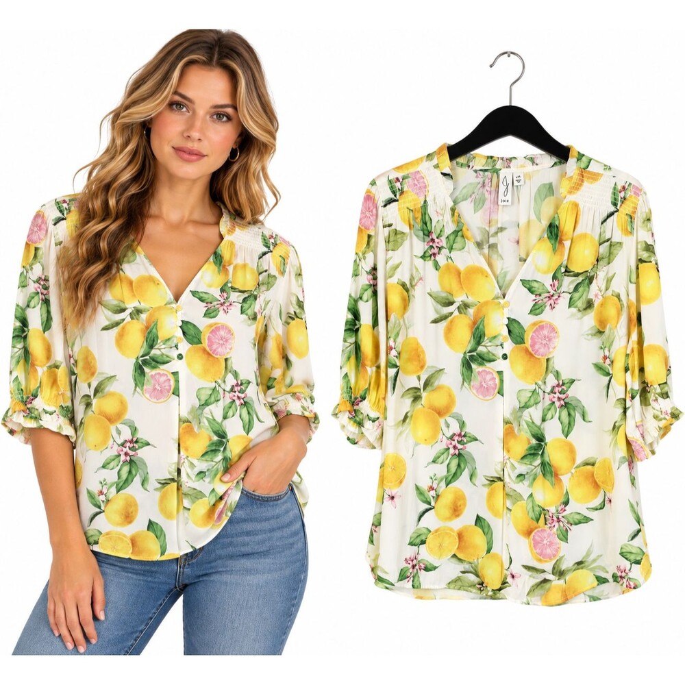 Joie Citrus Print Blouse Boho Top Size Large 3/4 Sleeve V Neck Floral Lemons